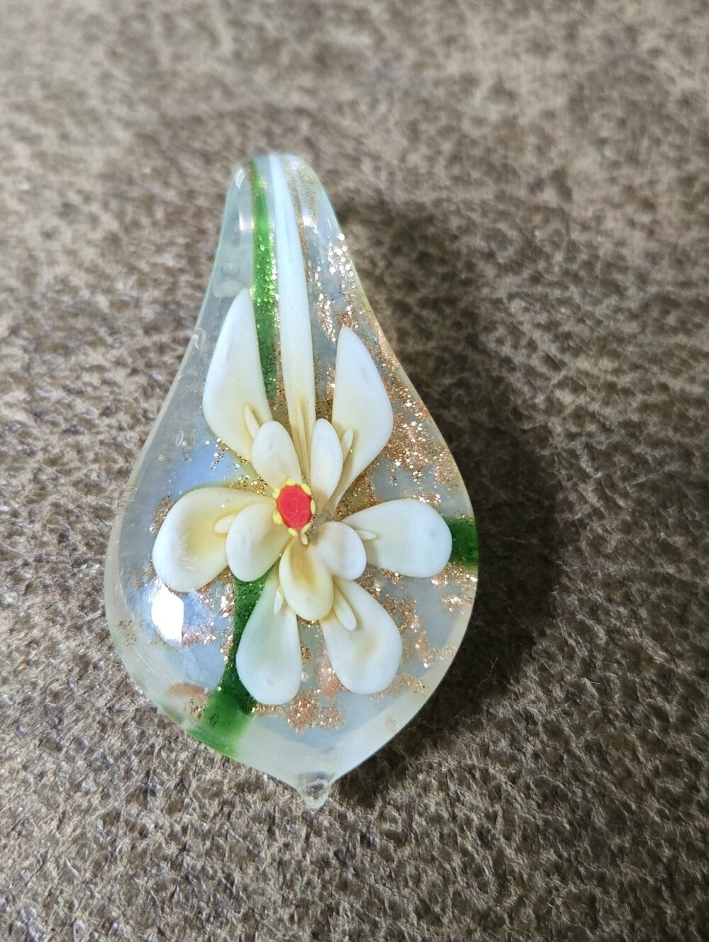 Murano Style Blown Glass Art Pendant Tear Drop White And Green Gold Glitter
